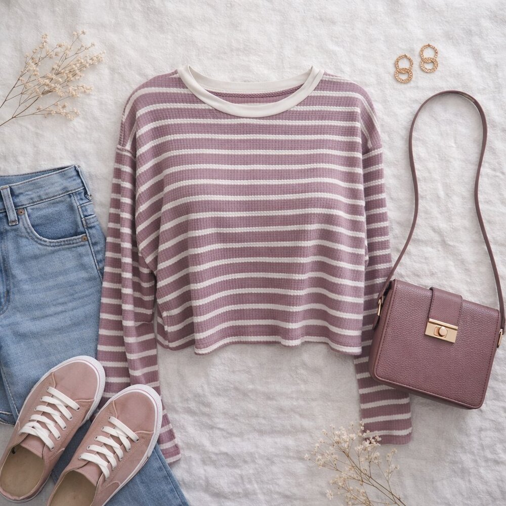 Striped Purple/ White Cropped Long-Sleeve Tee